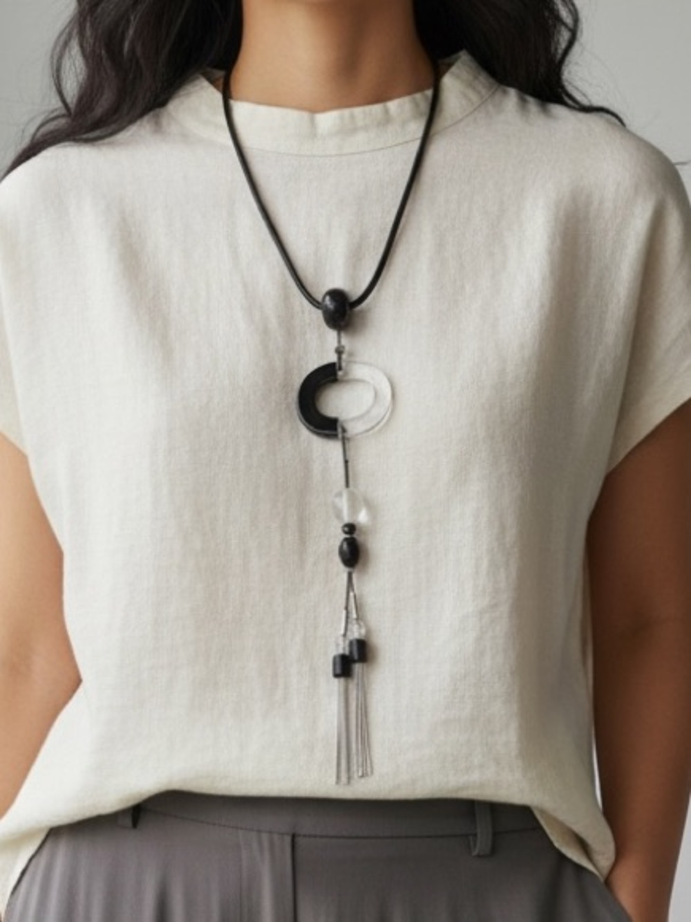 Chico's Long Black Cord Necklace with black and clear acrylic